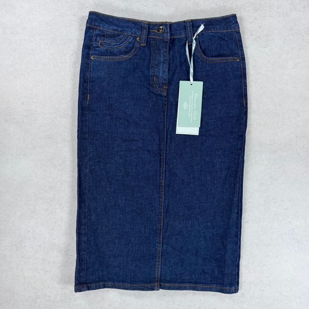 Chaconia Dolls Womens Denim Midi Skirt Dark Wash Stretch Pencil Skirt Size S NWT